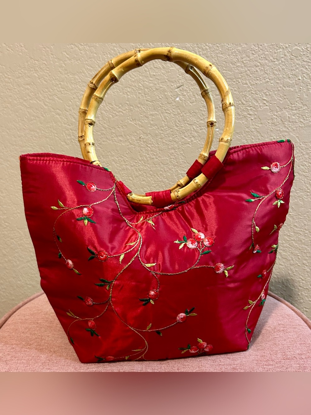 Embroidered Red Tote with Bamboo Ring Handles